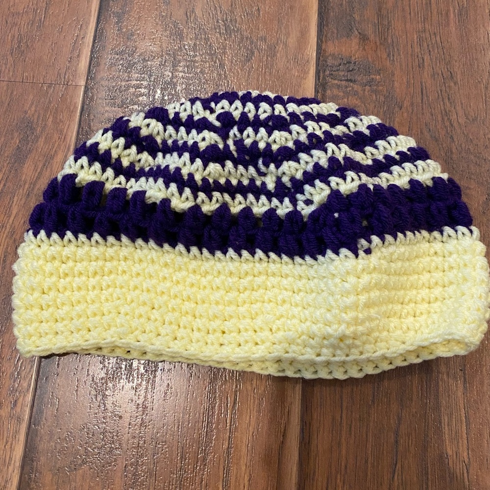 Striped Purple and Yellow Crochet Beanie made by grandma